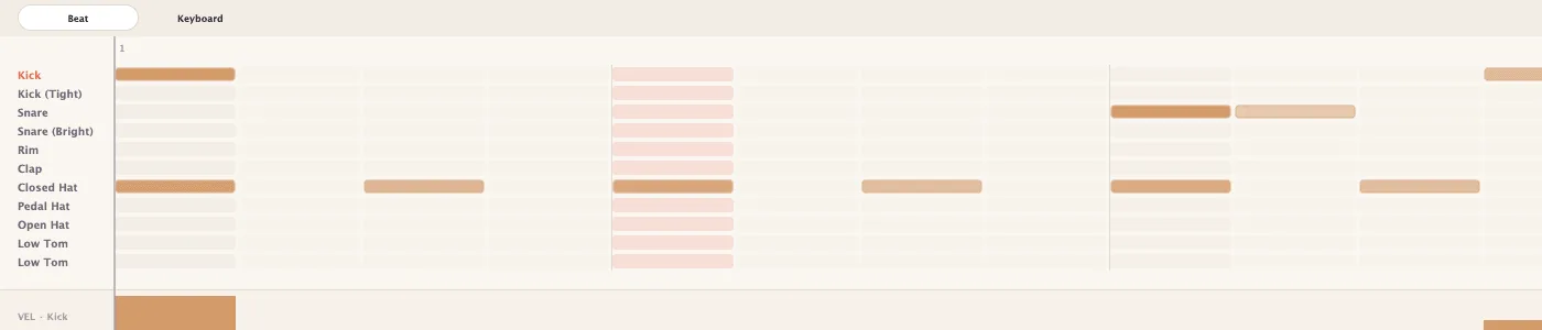 Murmur's drum grid, with rows for Kick, Kick (Tight), Snare, Snare (Bright), Rim, Clap, Closed Hat, Pedal Hat, Open Hat and two toms, and a velocity lane beneath.
