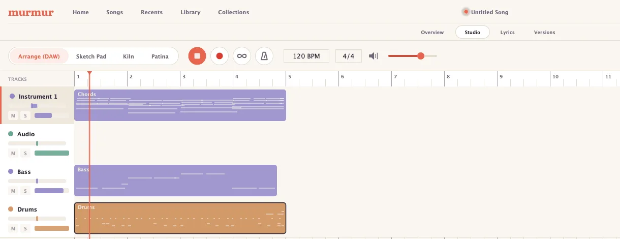 The Murmur arrange view: Chords, Bass and Drums clips laid out on a timeline, with the transport, tempo of 120 BPM and a 4/4 time signature across the top.