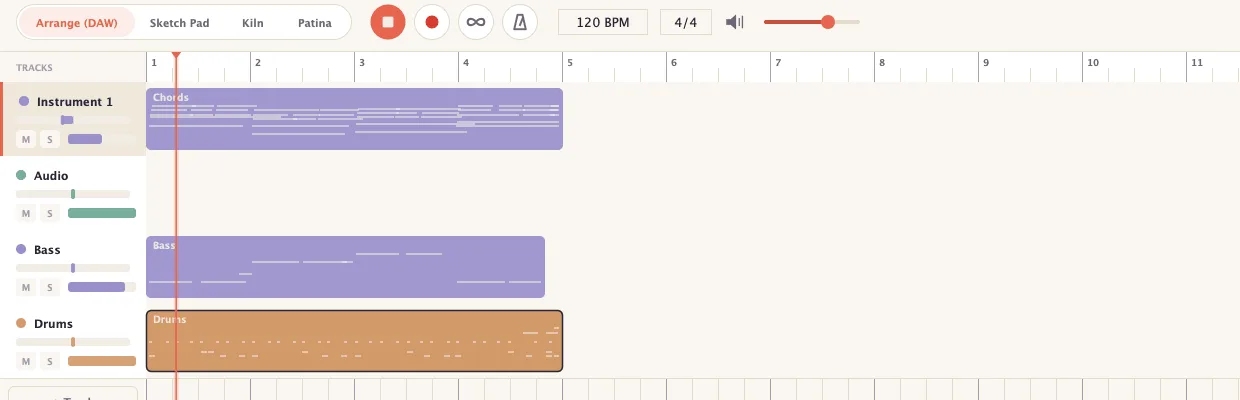 Murmur's timeline with Instrument, Audio, Bass and Drums tracks, each with a level slider and mute and solo buttons, and coloured clips laid across the first four bars.