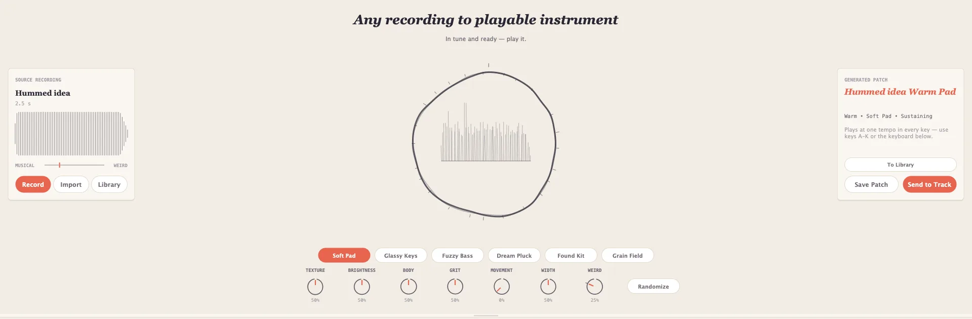 Kiln in Murmur: a source recording called 'Hummed idea' on the left, a drawn waveform ring in the middle, the generated patch 'Hummed idea Warm Pad' on the right, and style chips for Soft Pad, Glassy Keys, Fuzzy Bass, Dream Pluck, Found Kit and Grain Field.