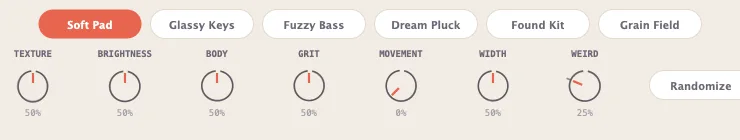 Kiln's style chips  Soft Pad, Glassy Keys, Fuzzy Bass, Dream Pluck, Found Kit, Grain Field  above knobs labelled texture, brightness, body, grit, movement, width and weird.