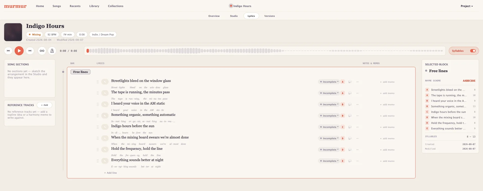 The Lyrics view of a song called Indigo Hours: a transport with a waveform, a song-sections panel, eight lyric lines each broken into syllables with a rhyme letter, and a selected-block panel showing the rhyme scheme AABBCDDE.
