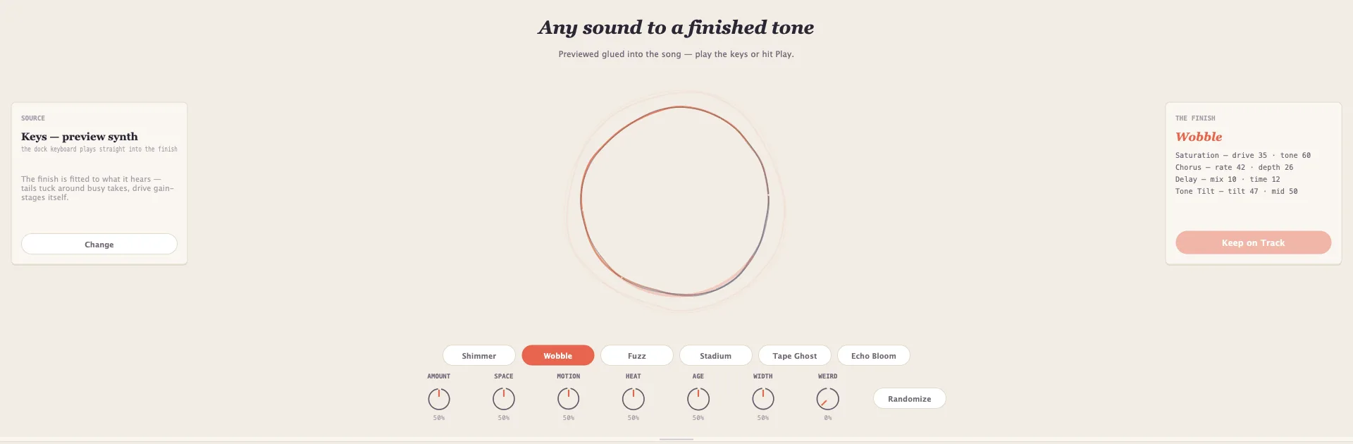 Patina in Murmur: a source card reading 'Keys  preview synth', a drawn ring in the centre, the finish 'Wobble' listing its saturation, chorus, delay and tone-tilt stages, and chips for Shimmer, Wobble, Fuzz, Stadium, Tape Ghost and Echo Bloom.