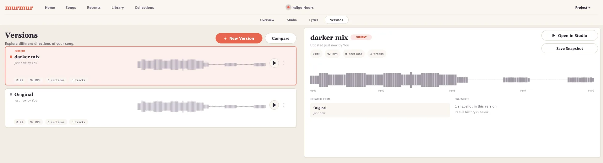 The Versions page: a list with 'darker mix' marked current and 'Original' beneath it, each with its waveform and stats, and a detail panel showing the snapshot history.