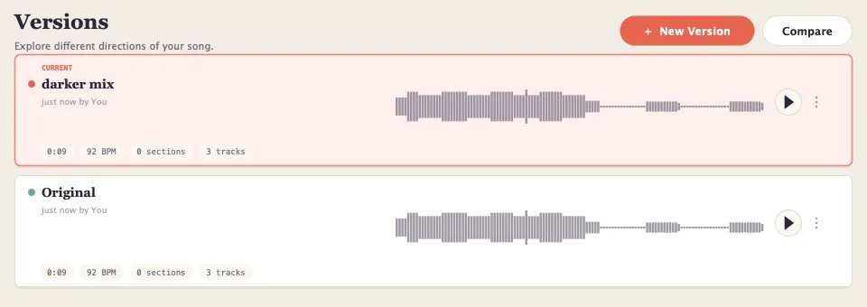 Two versions of a song side by side  'darker mix', marked current, and 'Original'  each with its waveform, length, tempo and track count.